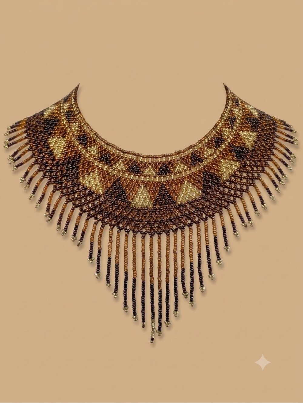 Huichol Elegant Chaquira Glass Handmade Mexican (Pectoral) Necklace Black/Bronze